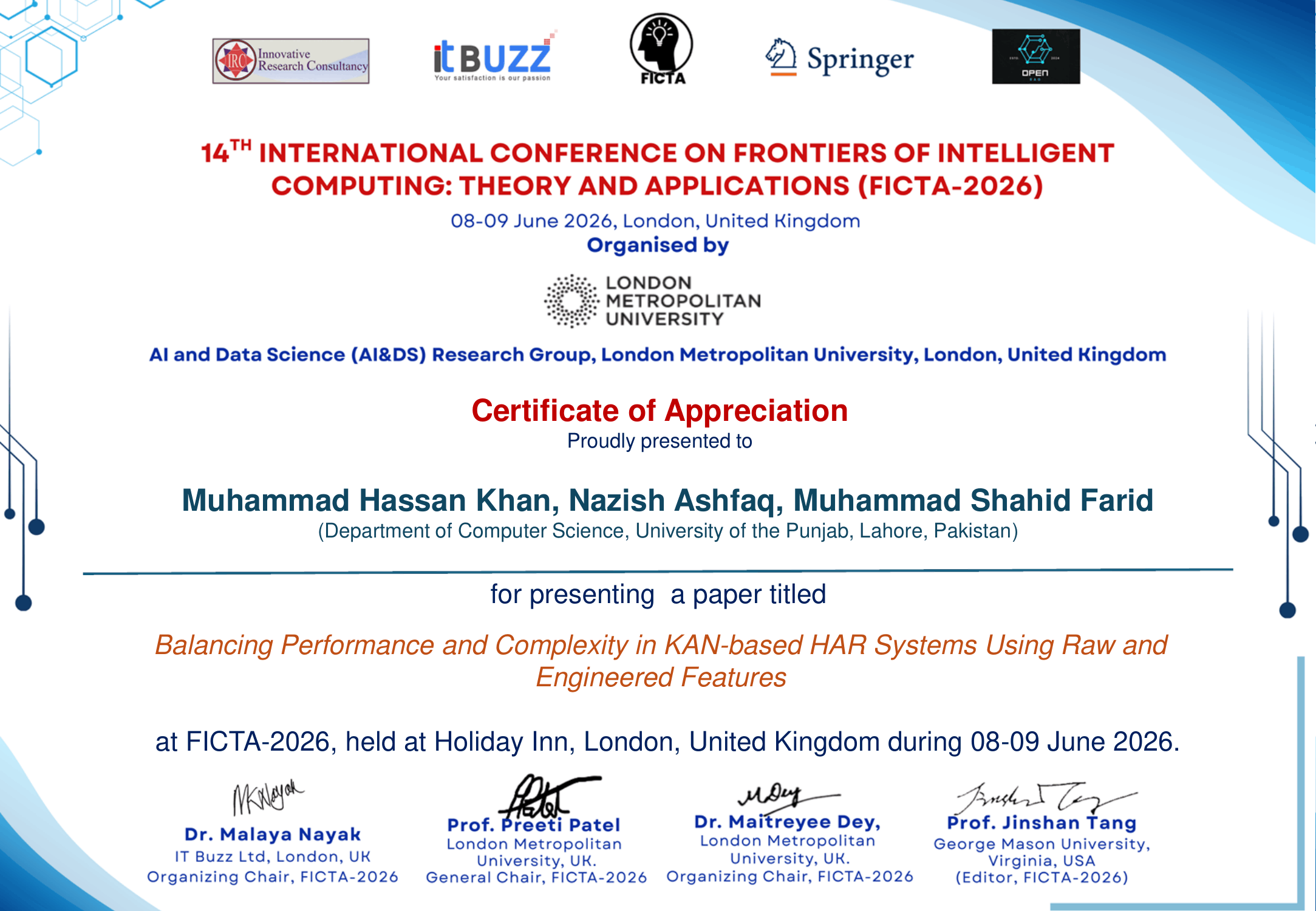 FICTA-2026 certificate of appreciation